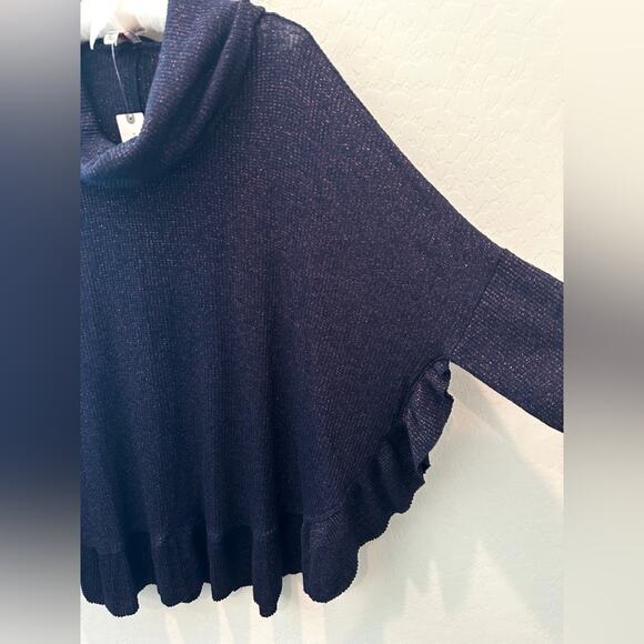 ANTHROPOLOGIE | Navy Metallic Ruffle Hem Cowl Neck Sweater NWT | Size M/L - Picture 3 of 9